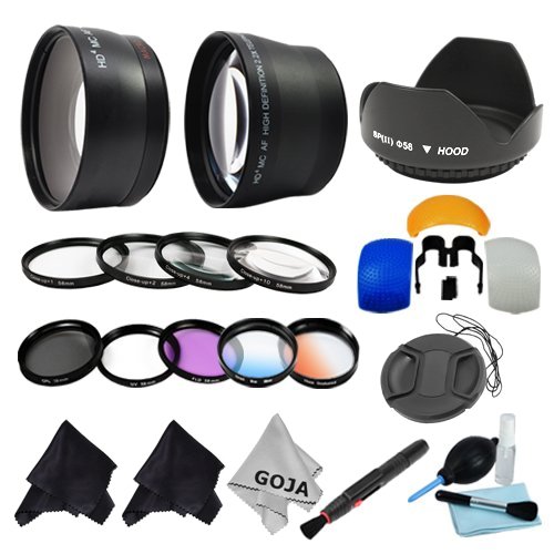 Essential Kit for CANON REBEL (T3i T3 T2i T2 T1i XTi XT XSi XS), CANON EOS (1100D 600D 550D 500D 450D 400D 350D 300D) Includes: 58mm Wide Angle & 2.0x Telephoto High Definition Lenses + Filter Kit (UV, Polarizing, Fluorescent) + Macro Close Up Set + Tulip Flower Lens Hood + Center Pinch Lens Cap + 2 Graduated Color Filters (Warming, Blue) + Flash Diffuser Set + Deluxe Cleaning Kit + Lens Cleaning Pen + 3 Premium Goja Microfiber Cleaning Cloths