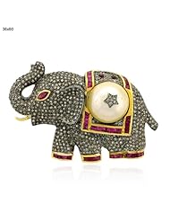14kt Yellow Gold Diamond Pave Gemstone Elephant Pendant Silver Antique Look Jewelry