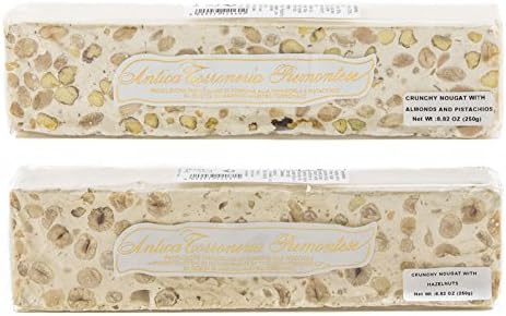 Antica Torroneria Piemontese - Italian Christmas Candy Crunchy Nougat Torrone - 1x Almond Pistachio & 1x Hazelnut - 8.82oz (250g) - Variety Pack of 2