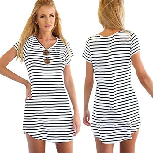 Ziopp Women Dresses Short Sleeve Striped Loose Mini Dress T-Shirt