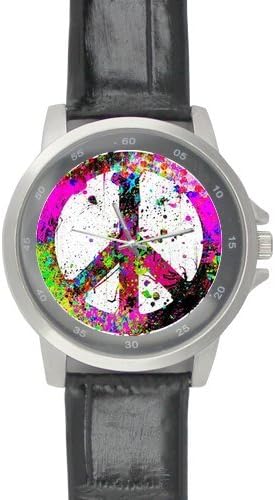 Birthday Gifts Classic Peace Sign Black Leather Alloy High-grade Watch