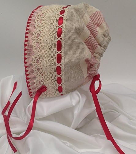 Cotton Baby Bonnet Artisan Made Red 'n Cream Taupe Stripe Woven Annie Sloan Fabric Imported Fabric