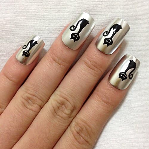 ECBASKET Nail Art Tips Metal Painting Style Wide Acrylic Full Fake Nails Siver &amp; Black Cats Style 24 Pcs + Box