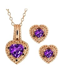 3.15 Ct Heart Shape Purple Amethyst Gold Plated Silver Pendant Earrings Set