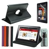 Rasfox Black 360 Rotating Leather Flip Hard Stand Case Cover + Screen Protector + 3 Stylus Pen for Amazon Kindle Fire Tablet (All Models)