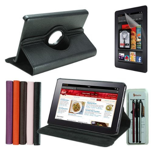 Rasfox Black 360 Rotating Leather Flip Hard Stand Case Cover + Screen Protector + 3 Stylus Pen for Amazon Kindle Fire Tablet (All Models)