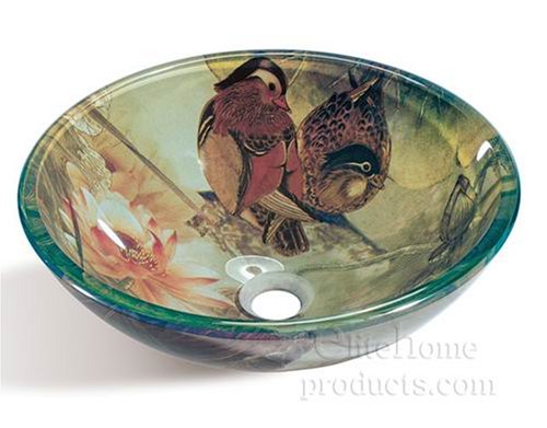 Kitchen: Bathroom Double Layers Glass Sink with Bird Picture Art Pattern