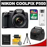 Nikon Coolpix P500 12.1 MP Digital Camera (Black) with 4GB Card + Case + Cl ....