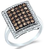 10k White Gold Brown Chocolate and White Diamond Emerald Shape Center Round Cut Womens Fashion Cocktail Anniversary Ring Band (1.0 cttw)