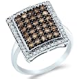 Size - 7.5 - 10k White Gold Brown Chocolate And White Diamond Emerald Shape Center Round Cut Womens Fashion Cocktail Anniversary Ring Band (1.0 Cttw, H Color, I1 Clarity)