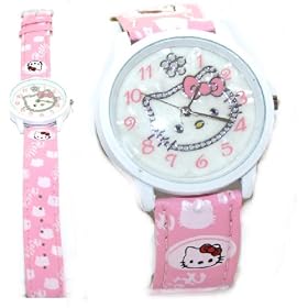 Fun Light Pink Hello Kitty Heads Leather-Like Wristwatch with Bling Glitter Watch Face