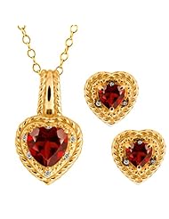 3.87 Ct Heart Shape Red Garnet Gemstone 18k Yellow Gold Pendant Earrings Set