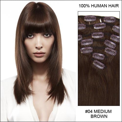 Wedding Season Hairup Clip In/On 7PCS Remy Human Hair Extensions Silky Straight Style 16" inches medium brown_04 7 Pieces Set_Clips Attached_[2 packs for full head]_95g Weight by Hairup