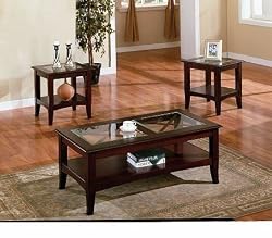 3pc Contemporary Cappuccino Coffee & End Table Set w/Glass Insert