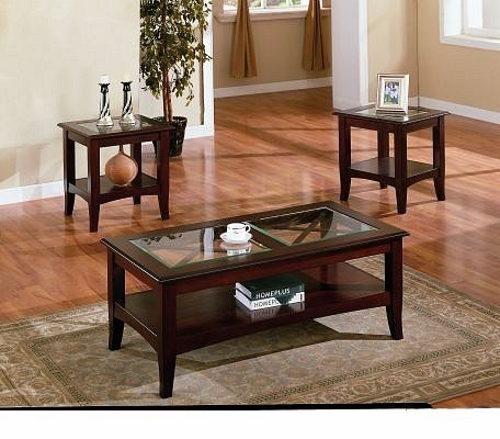 3pc Contemporary Cappuccino Coffee & End Table Set w/Glass Insert