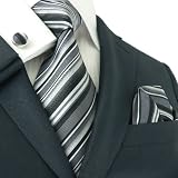Landisun 84C Black Stripes Mens Silk Tie Set: Tie+Hanky+Cufflinks Exclusive