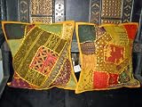 2 Yellow Gujrati Embroidered Sari Toss Pillow Cushion Covers