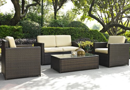 Palm Harbor 4 Piece Outdoor Wicker Seating Set - Loveseat, Two Chairs & Glass Top Table