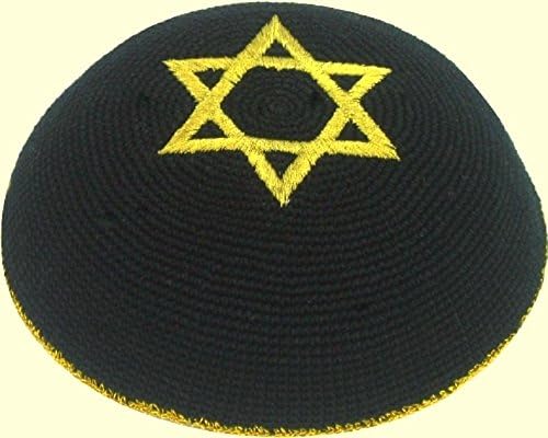Knitted Black Gold Magen David Star Kippah Yarmulke Yamaka Judaica Israel 17cm