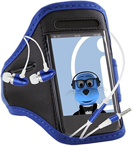 iTALKonline HTC One M9 Blue Black Adjustable Water / Moisture Resistant Sports GYM Jogging Running ArmBand Arm Band Case Cover with Key Money Headphone Pocket includes 3.5mm Aluminium Headphones Handsfree Mic and On/Off Switch