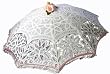White Battenburg Lace Parasol Fringed with Pink Beads