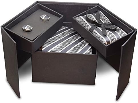 Necktie Set By Aphilias - Includes A Tie, A Pocket Square &amp; Matching Cufflinks - 100% Premium Quality Silk Printed Material - Comes In A Nice Gift Box (Grey Striped)