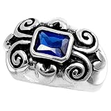 Rhodium Plated Sterling Silver Sapphire Blue Cz Filigree Bali Ring (Size 6 - 9)