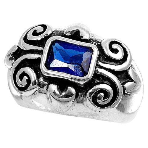 Rhodium Plated Sterling Silver Sapphire Blue Cz Filigree Bali Ring (Size 6 - 9)