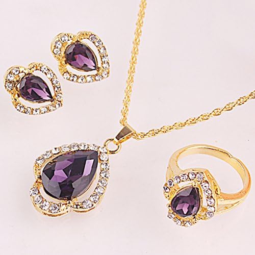 Julycoffee 14k Gold Filled Drop Amethyst Women Wedding Gift Necklace Earrings Ring Jewelry Set B152