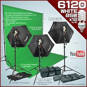Photography Background Studio Lighting Light Kit with 3 Fluorescent Light Bank Linco Flora+3 35'' Hexogen Easy Softbox Linco Flora +3 8308 Compact Light Stand+18 85W Softwhite Daylight Photo Energy Bulb Linco +3 Carrying Bag+2 8310 Senior Compact Stand+1 Cross Bar For Background Support by Linco#468