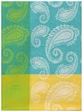 100% Cotton Jacquard Paisley Aqua and Yellow Dishtowel 18 X 28 Set / 6