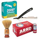 SF228-Shaving Factory Straight Razor (Black), Shaving Factory Hand Made Shaving Brush, 100 Derby Professional Single Edge Razor Blades and Arko Shaving Soap Stick. Great Valentines Day Gift Set For Men.