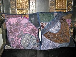 2 Khakhi Gujrati Embroidered Sari Toss Pillow Cushion Covers