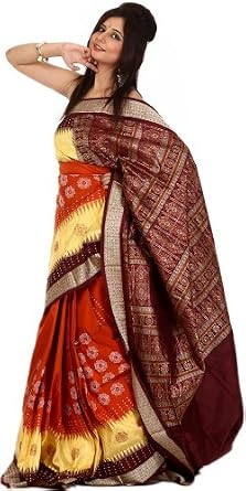 Winter Clothes Sale : Exotic India Tri-Color Designer Bomkai Sari with Woven Flowers and Rudraksha Border Cheap