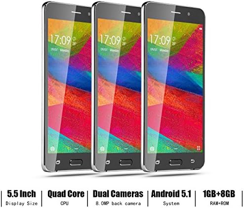 LXLG® Unlocked 5.5 Inch IPS Screen Anroid 5.1 Cellphone Mobile Phone 3G Phone Smartphone MTK6580 Quad core Quadband Dual SIM Dual Standby RAM 1G ROM 8G 5.0MP 8.0MP Camera Wifi (Black)