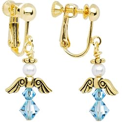 Handmade March Birthstone Angel Gold Plated Clip On Earrings MADE WITH SWAROVSKI ELEMENTS