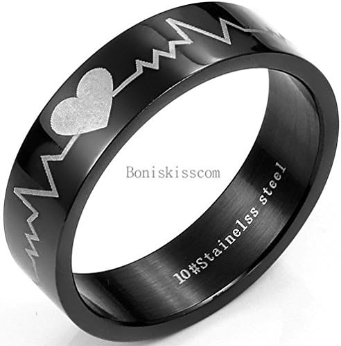 Janestore Black Comfort Fit Stainless Steel Ring Laser Forever Love EKG Heart Beat