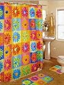 NEW RETRO "CRAZY DAISY" FABRIC SHOWER CURTAIN, FABRIC COVERED RINGS, AREA RUG & CONTOUR RUG SET