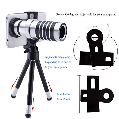 AFAITHÂ®Universal Smart Phone Camera Lens Kit Including One 12x Zoom Aluminum Telephoto Manual Focus Telescopic Camera Lens + One Mini Tripod + One Universal Lens and Phone Holder + One Flannelette Bag Fit for iPhone 6,6s, 4 5 5s 5c 6 , Samsung Galax