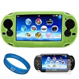 Green Premium Protective Silicone Skin Cover for New Sony PSP Vita Portable Handheld Gaming Device + Front and Back Clear Screen Protector + SumacLife TM Wisdom*Courage Wristband