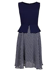 Flared-Skirt Belted Chiffon/Polyester Polka Dot Print Club Dress 