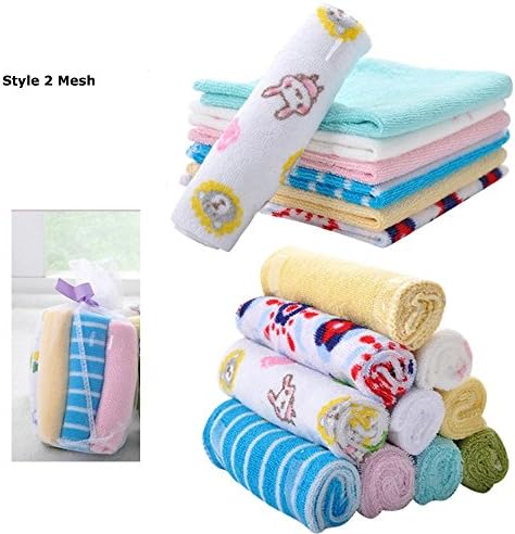 (2x) 8 Pack Super Soft Baby Washcloths, Reusable Baby Wipes, 8 x 8 inches Premium Cotton Microfiber, Assorted Colors - Baby Gift/Shower Mesh Bag Style 2