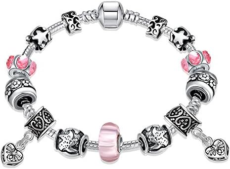 Pandora Element Bracelet Red Glass Beads Charm Swarovski Crystal Beaded Heart-shaped Silver Tone Bracelets (Purple Ball)