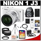 Nikon 1 J3 Digital Camera Body with 10-100mm VR Lens (White) with 32GB Card + Battery + Backpack + Filters + Tripod + Telephoto & Wide-Angle Lenses + Accessory Kit
