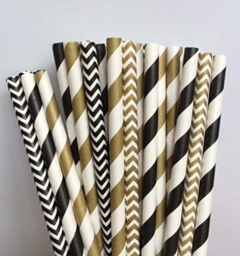 Heart Love 100 Pack Paper Straws-Black and Gold Stripe and Chevron