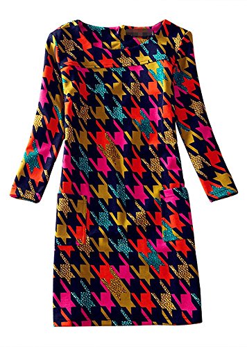 J.cotton Autumn /Winter Floral Print Long Sleeve Boat Neck A-line Tunic Casual Dress