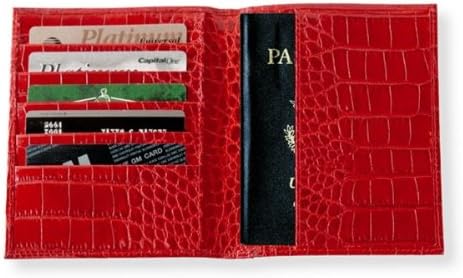 Crocodile Embossed Leather Passport Wallet, Red