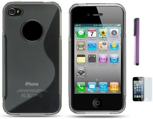 Apple Iphone 4, 4S Phone Protective TPU Skin Cover Case With Stylus Pen, Screen Protector, Stand (Smoke)