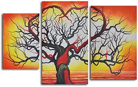 TJie Art Hand Painted Mordern Oil Paintings The Love of Trees 3-Piece Oil Painted Wall Art Set Modern artwork in black/ red/ orange/ yellow,Entirely hand-painted by one talented artist,Gallery stretched over inch-thick wooden frames