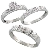 10k White Gold 3-Piece Trio His (5mm) & Hers (3.5mm) Diamond Wedding Band Set, w/ 0.14 Carat Brilliant Cut Diamonds; (Ladies Size 5 to10; Men's Size 8 to 14)